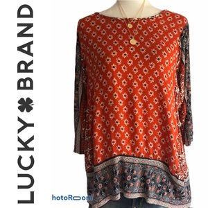 LUCKY BRAND BOHO 3/4 SLEEVE PRINT TUNIC TOP